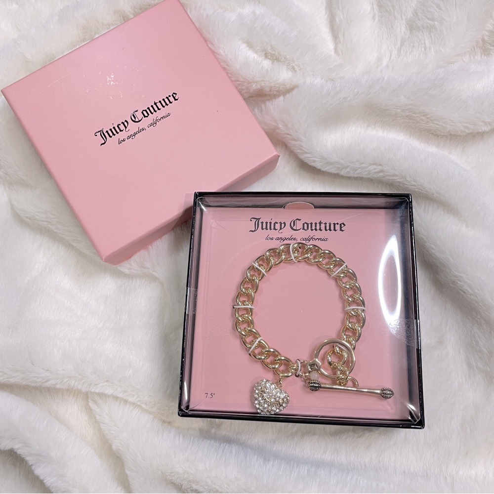 NEW‎ Juicy Couture Gold Tone Pave Heart Charm Chain Toggle Bracelet 7.5"